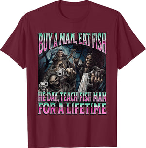Buy A Man Eat Fish Funny Hard Skeleton Meme Bootleg T-Shirt - T-Shirt | Maroon