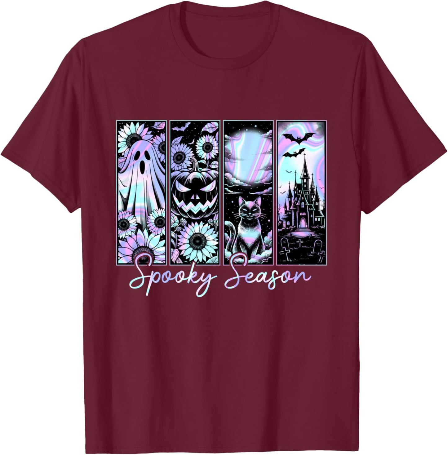 Spooky Season Halloween Ghost Pumpkin Black-Cats Horror T-Shirt - T-Shirt | Maroon