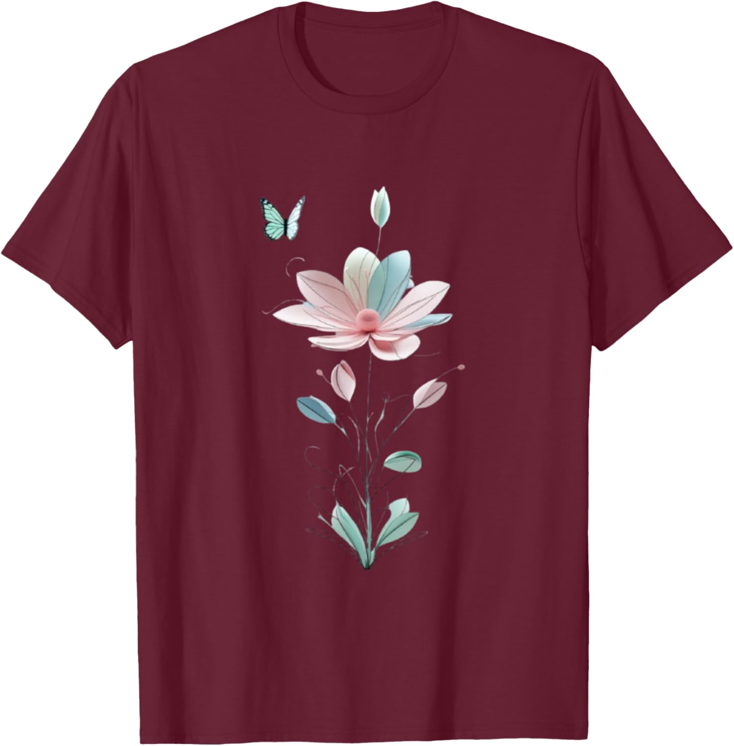 Unisexe pour Homme et Femme avec Motif Fleur et Papillon Manche Longue T-Shirt - T-Shirt | Maroon