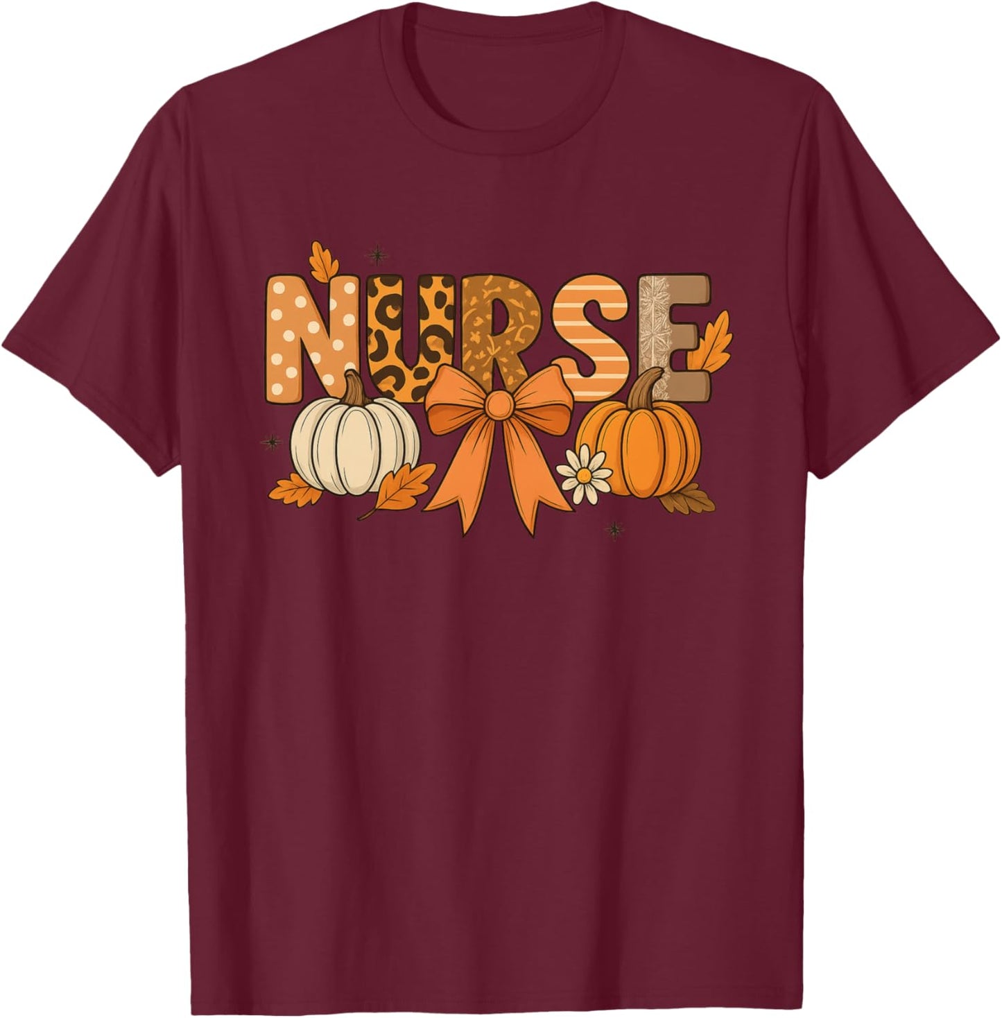 Fall Nurse Pumpkin Leopard Print Autumn Thanksgiving T-Shirt - T-Shirt | Maroon