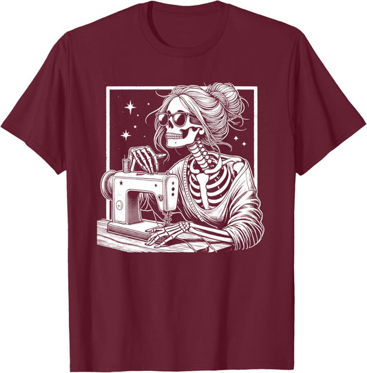 Bun Hair Skeleton Sewer Quilter Halloween Sew Girls T-Shirt - T-Shirt | Maroon