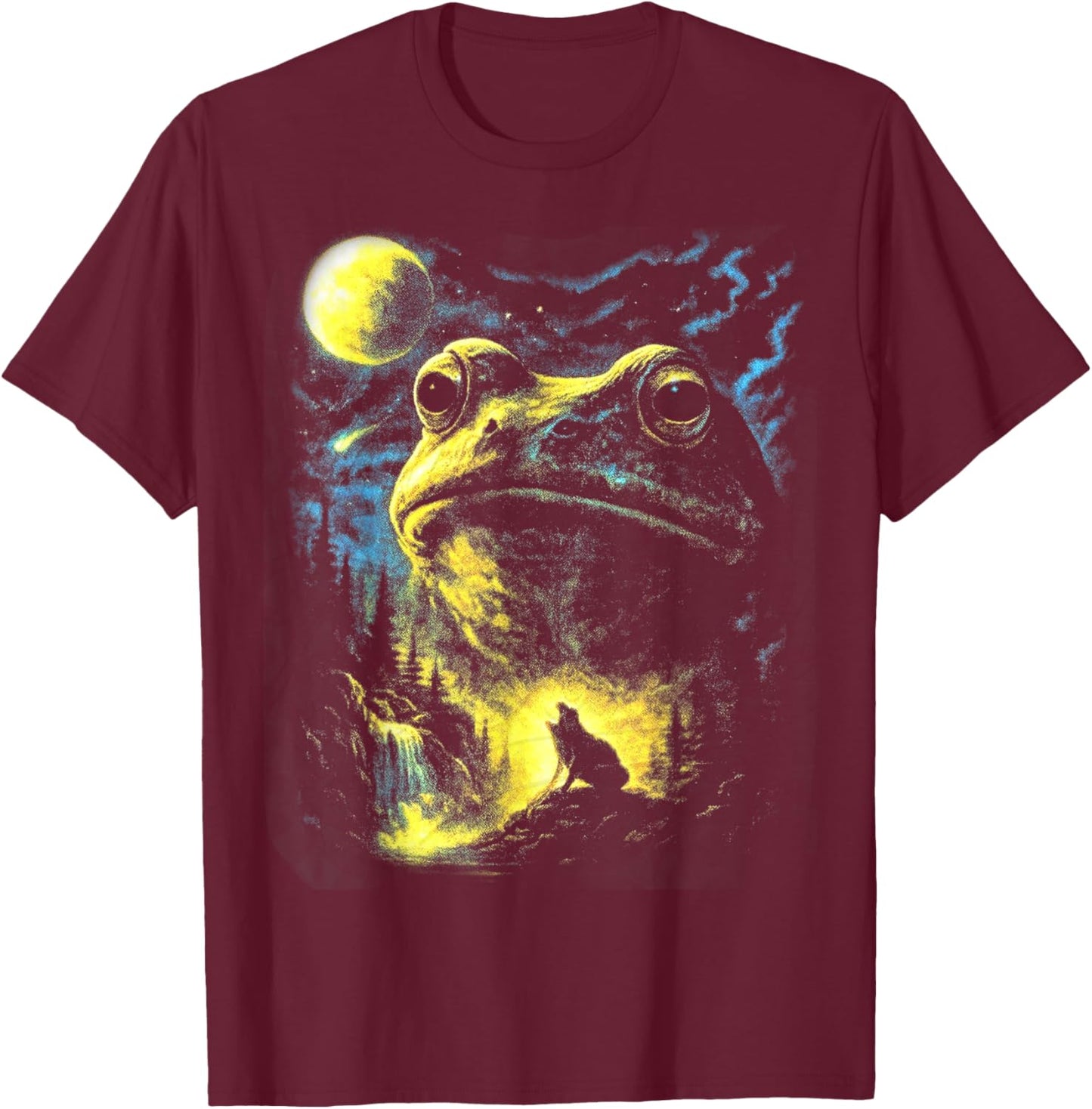 Retro Frog and Wolf Nature Scene, Full Moon Forest Lover T-Shirt - T-Shirt | Maroon