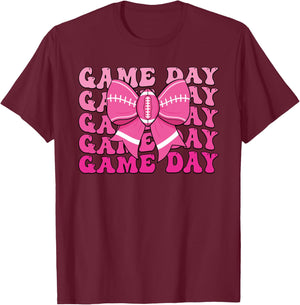 Game Day Football Season Football Mama Pink Coquette Bow T-Shirt - T-Shirt | Maroon