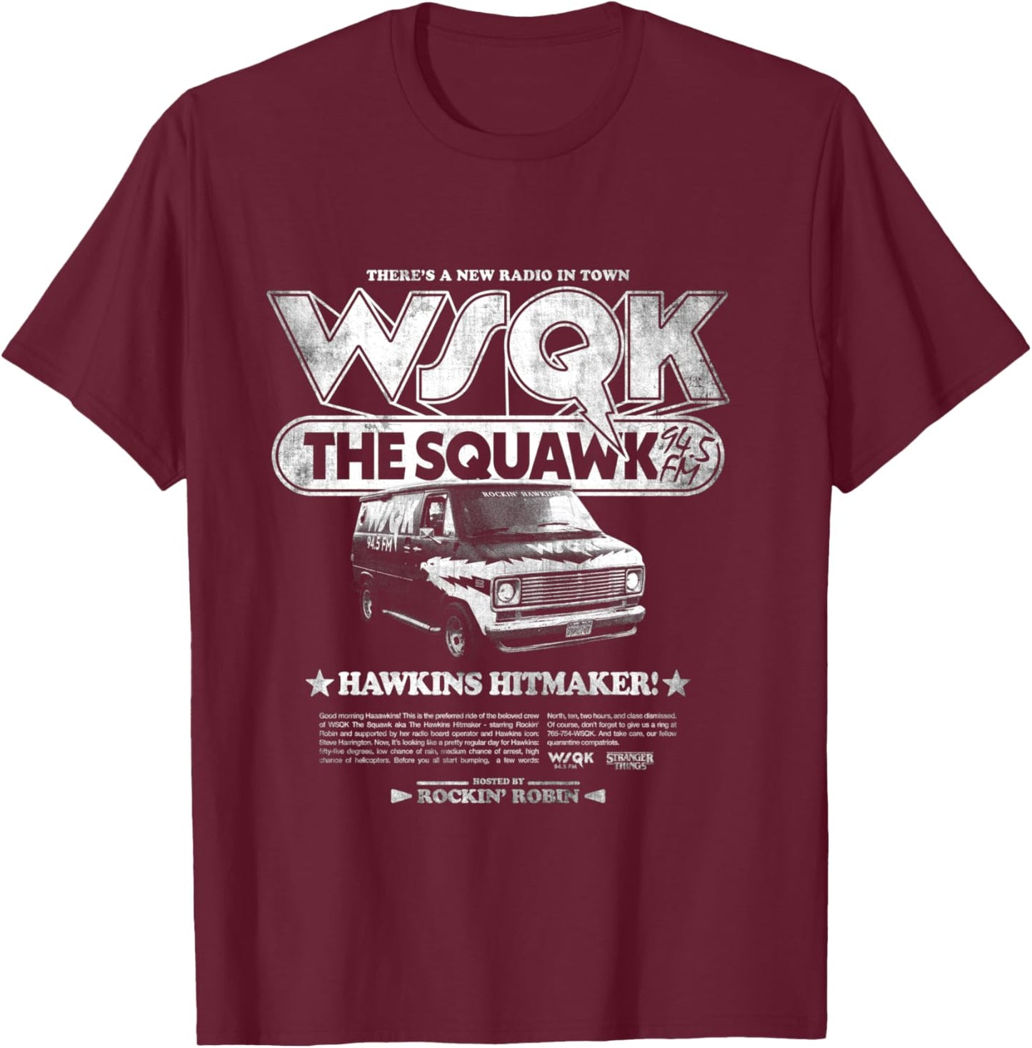Stranger Things Hawkins Hitmaker WSQK Back T-Shirt - T-Shirt | Maroon