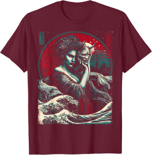Japanische Tokyo Hannya Dämonenmaske und Mädchen T-Shirt - T-Shirt | Maroon