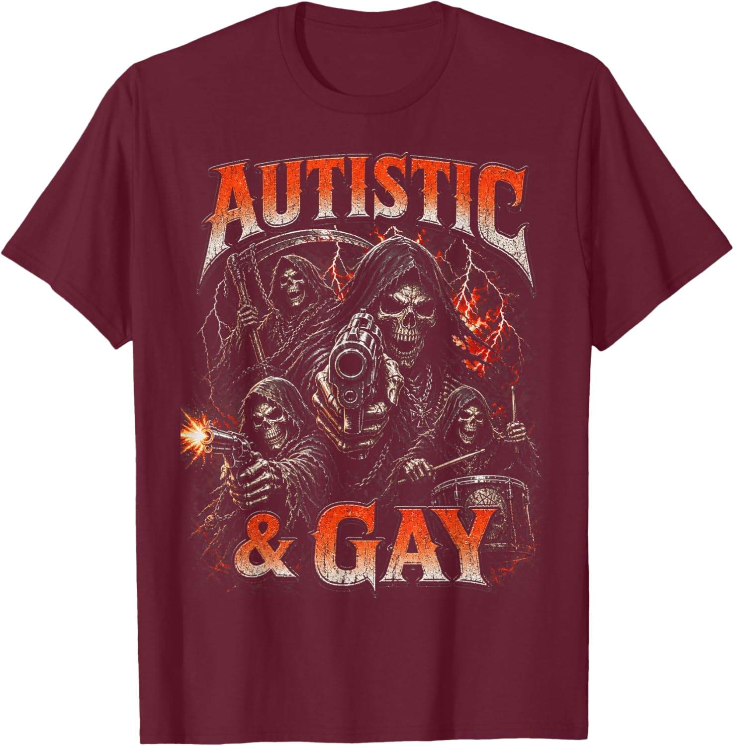 Autistic and Gay Funny Skeleton Reaper Meme Bootleg Y2K T-Shirt - T-Shirt | Maroon