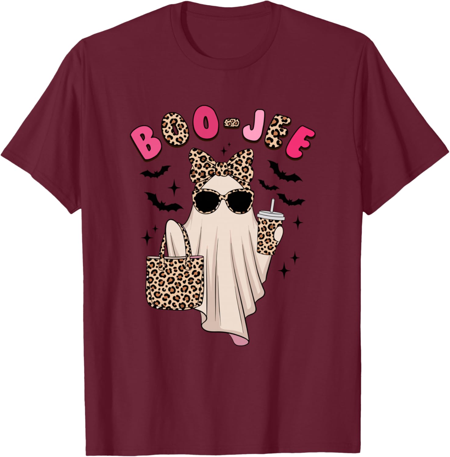 Coquette Leopard Ghost Coffee Boo-Jee Halloween Boujee Ghost T-Shirt - T-Shirt | Maroon