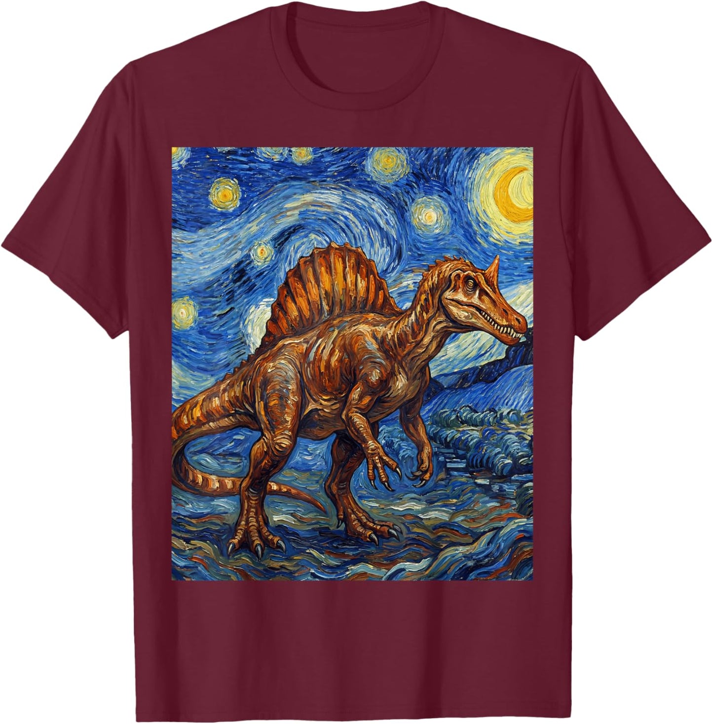 Spinosaurus Mirabilis Starry Night Dinosaur Art Fan T-Shirt - T-Shirt | Maroon