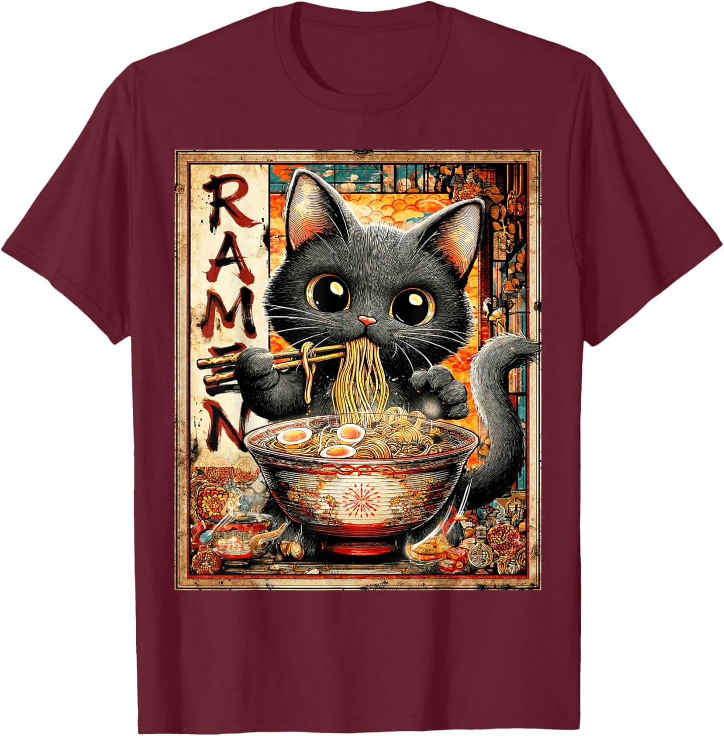 Funny Ramen Cat Anime Otaku Noodles Graphic T-Shirt - T-Shirt | Maroon