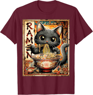 Funny Ramen Cat Anime Otaku Noodles Graphic T-Shirt - T-Shirt | Maroon