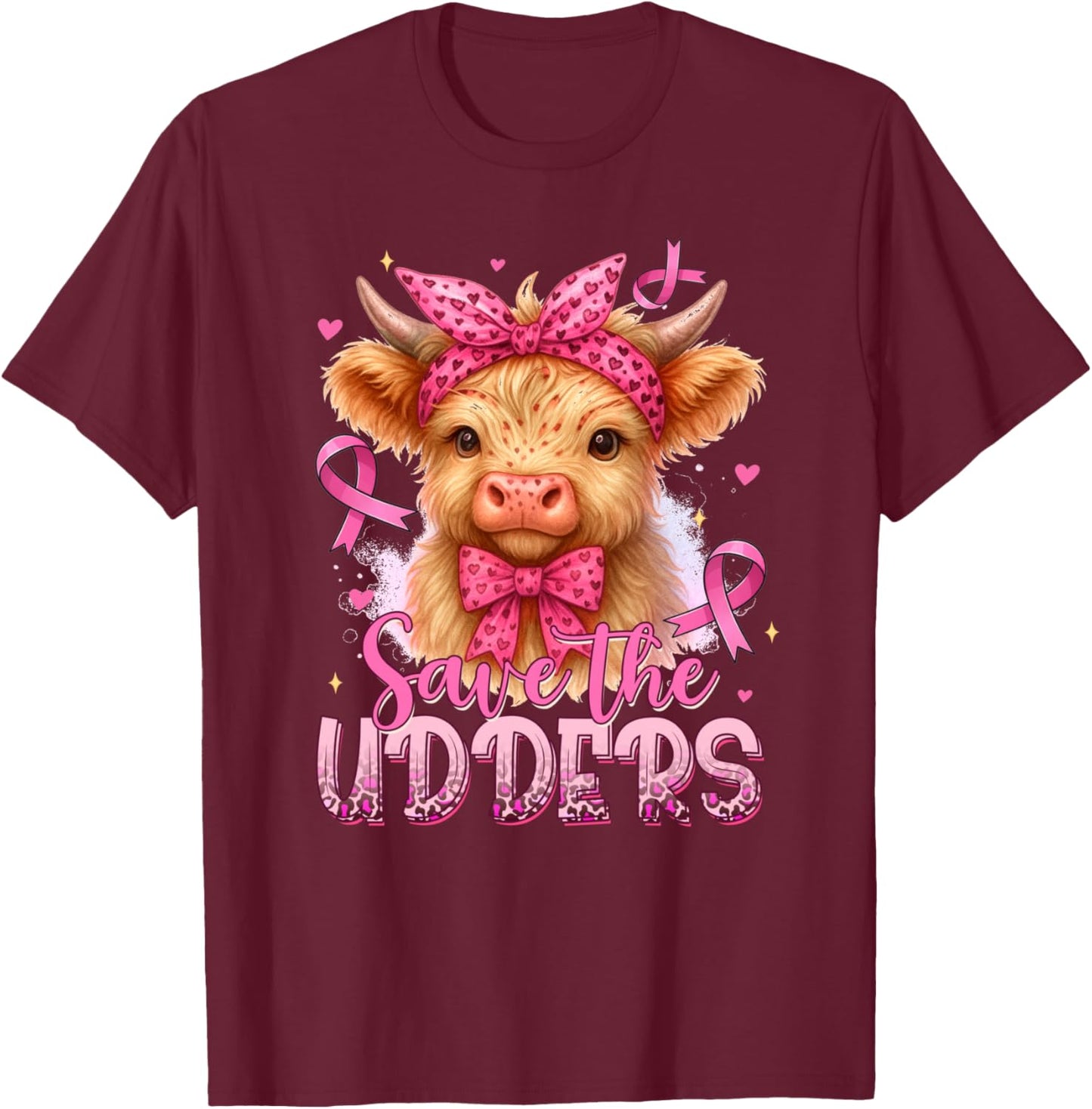 Breast Cancer Awareness Highland Cow Saves The Udders T-Shirt - T-Shirt | Maroon