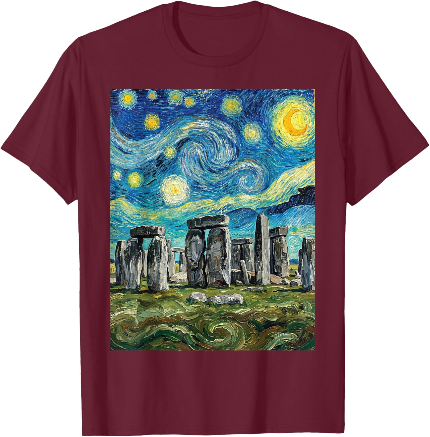 Stonehenge Starry Night Style T-Shirt - T-Shirt | Maroon