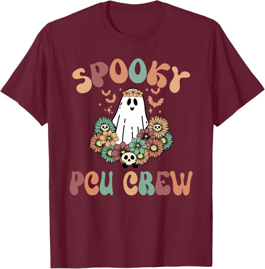 Spooky PCU Crew Floral Ghost Progressive Care Unit Halloween T-Shirt - T-Shirt | Maroon