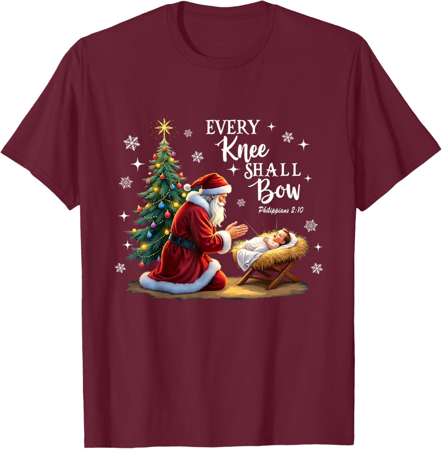 Every Knee Shall Bow, Manger Scene, Kneeling Santa Christmas T-Shirt - T-Shirt | Maroon