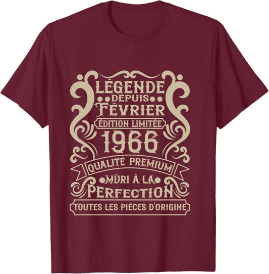 Février 1966-60 Ans Anniversaire Cadeau Vintage 1966 Manche Longue T-Shirt - T-Shirt | Maroon