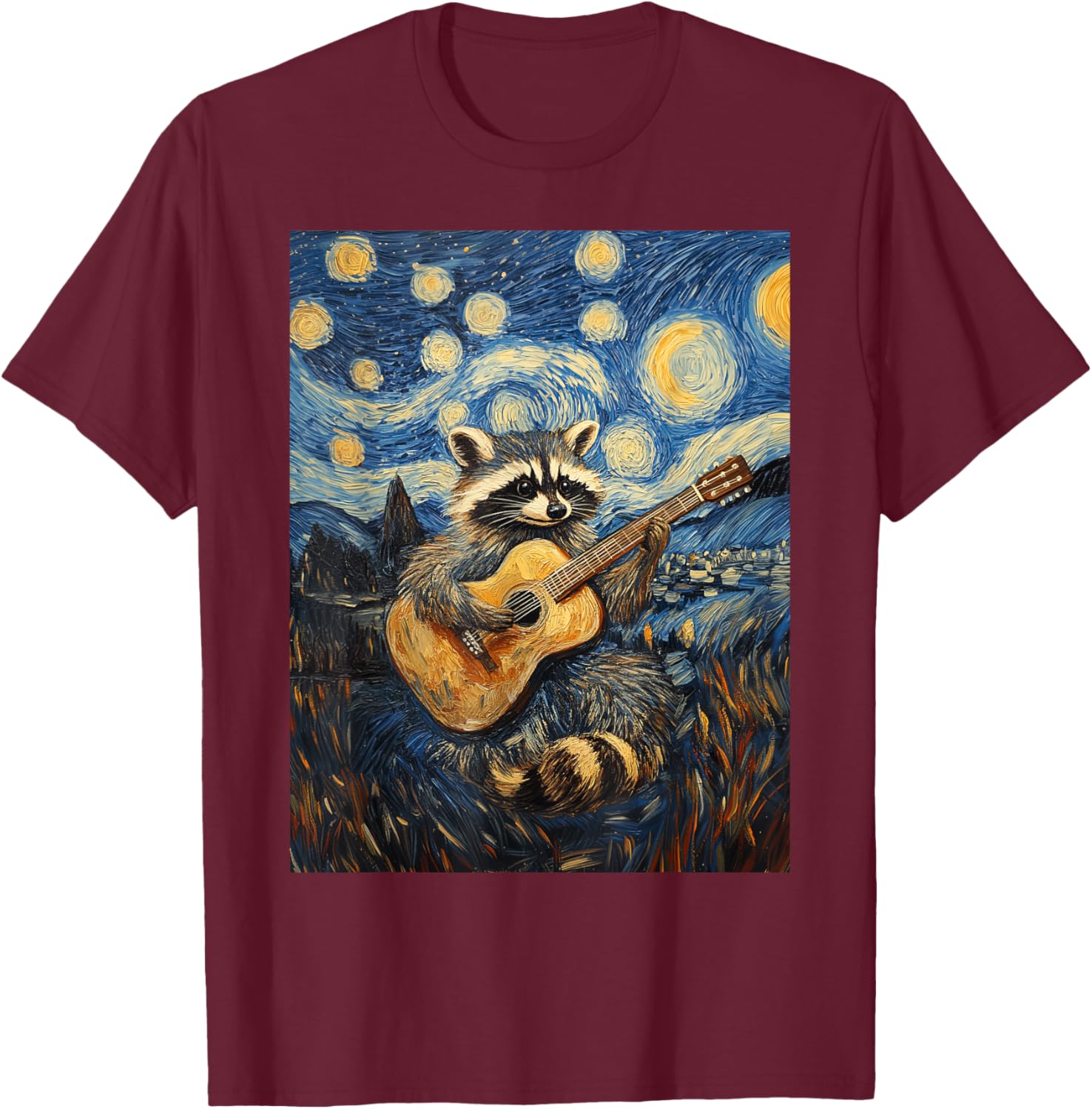 Funny Raccoon Play Guitar Guitarist Starry Night Van Gogh T-Shirt - T-Shirt | Maroon