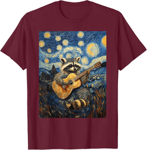 Funny Raccoon Play Guitar Guitarist Starry Night Van Gogh T-Shirt - T-Shirt | Maroon