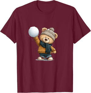 Winter Snow Globe and Bear Design T-Shirt - T-Shirt | Maroon