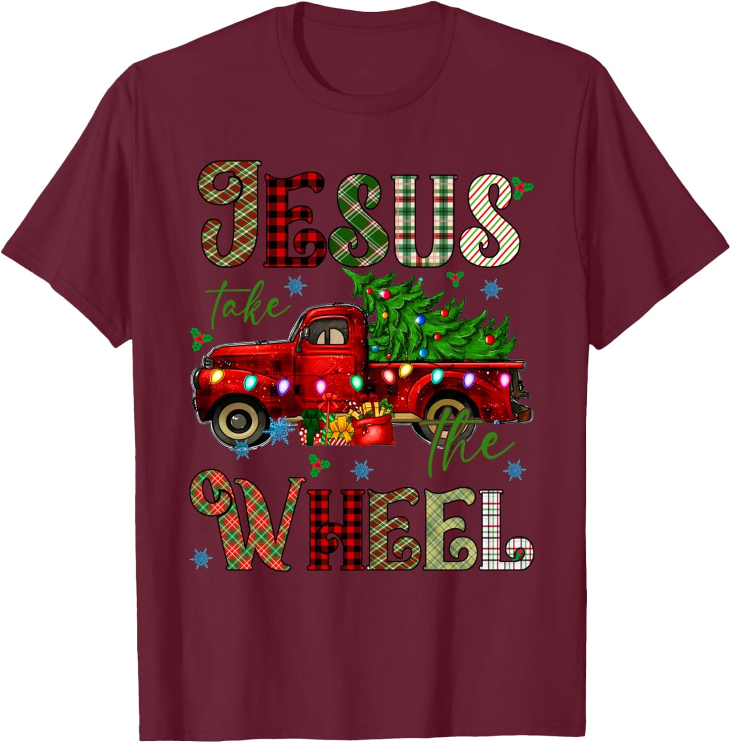 Jesus Take The Wheel Red Truck Christmas Tree Christian T-Shirt - T-Shirt | Maroon