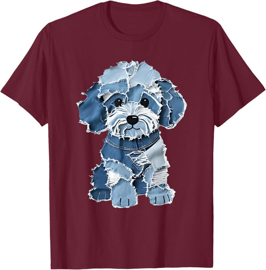 Cute Denim Patchwork Puppy Dog Art T-Shirt - T-Shirt | Maroon