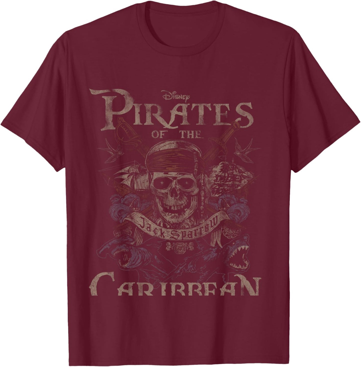 Pirates Of The Caribbean Skull Jack Sparrow Manche Longue T-Shirt - T-Shirt | Maroon