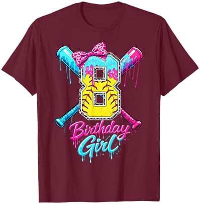 Kids 8th Birthday Girl Softball Ice Cream Drip Coquette Bow T-Shirt - T-Shirt | Maroon