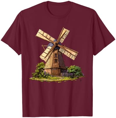 Vintage Dutch Windmill Rustic Farm Countryside Scene T-Shirt - T-Shirt | Maroon
