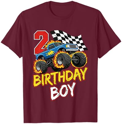 Kids Birthday Monster Truck 2 Year Old Boys 2nd Party Born 2024 T-Shirt - T-Shirt | Maroon
