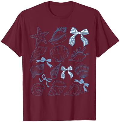 Coquette Bow Seashell Beach Coastal Retro Summer Vibes T-Shirt - T-Shirt | Maroon