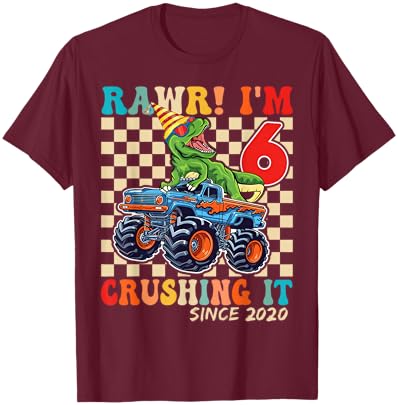 6th Birthday Monster Truck Dinosaur Party Boys Rawr I'm 6 T-Shirt - T-Shirt | Maroon