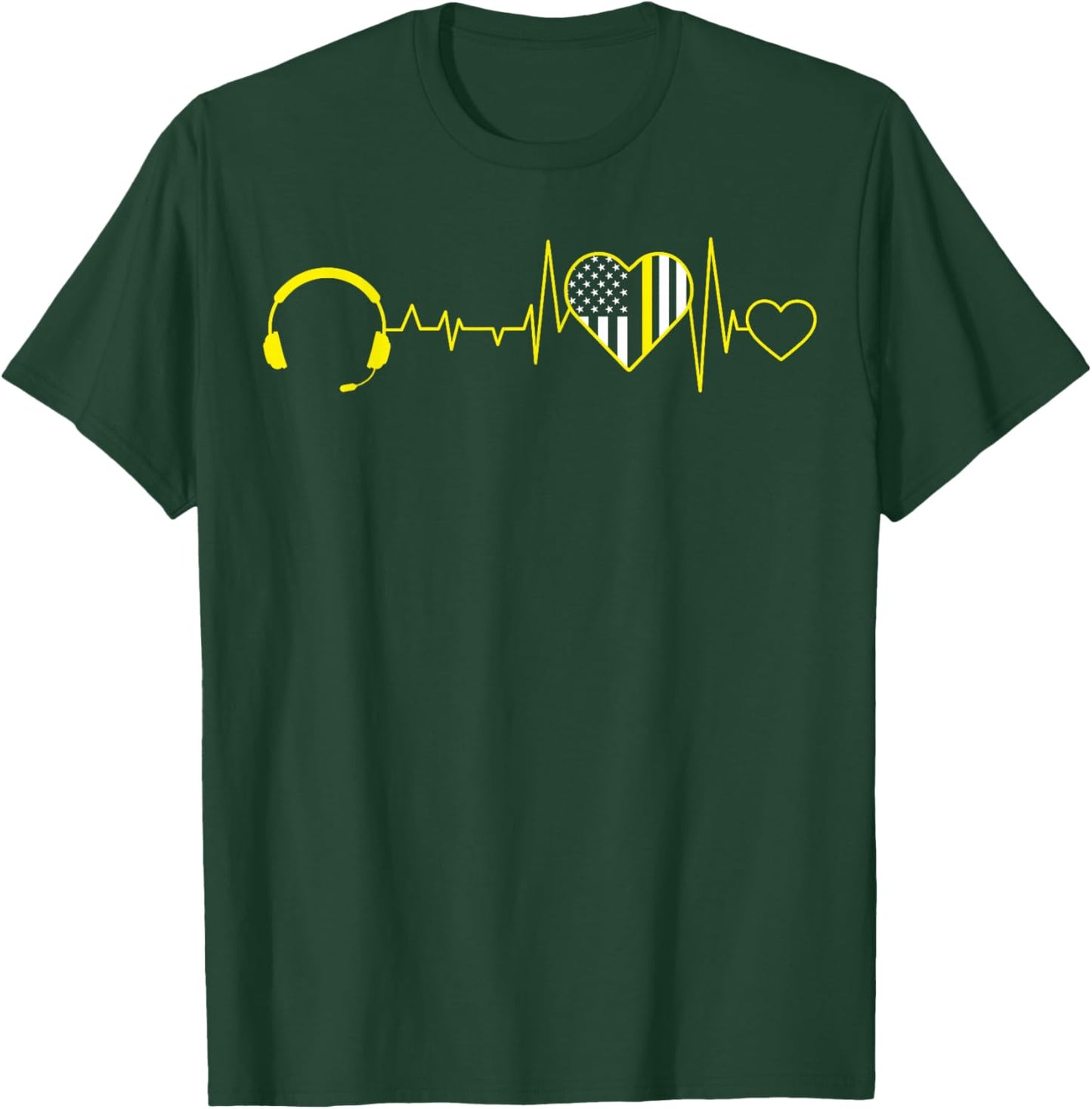 911 Dispatcher Operator EKG Heartbeat 4th of July USA Flag T-Shirt - T-Shirt | Forest