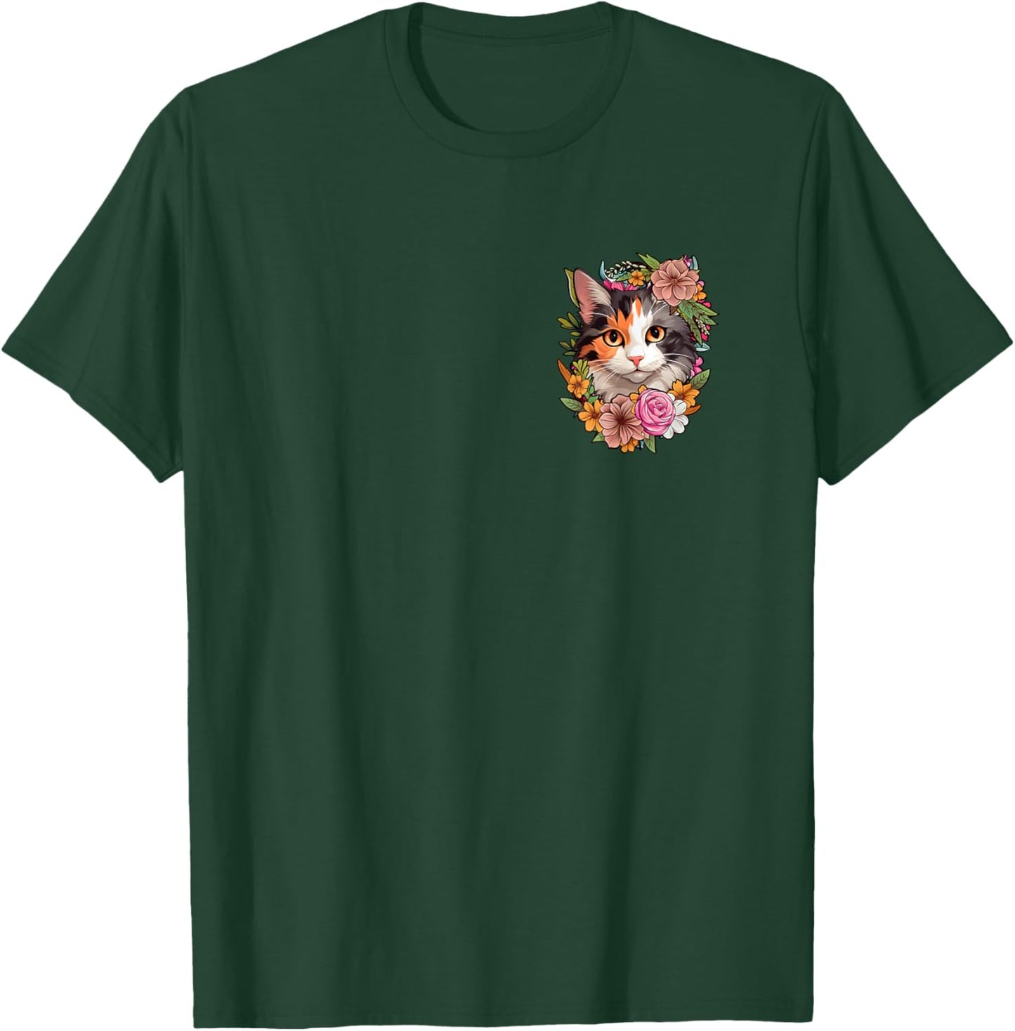 Minimalist Cute Floral Calico Cat Men Women Kids T-Shirt - T-Shirt | Forest