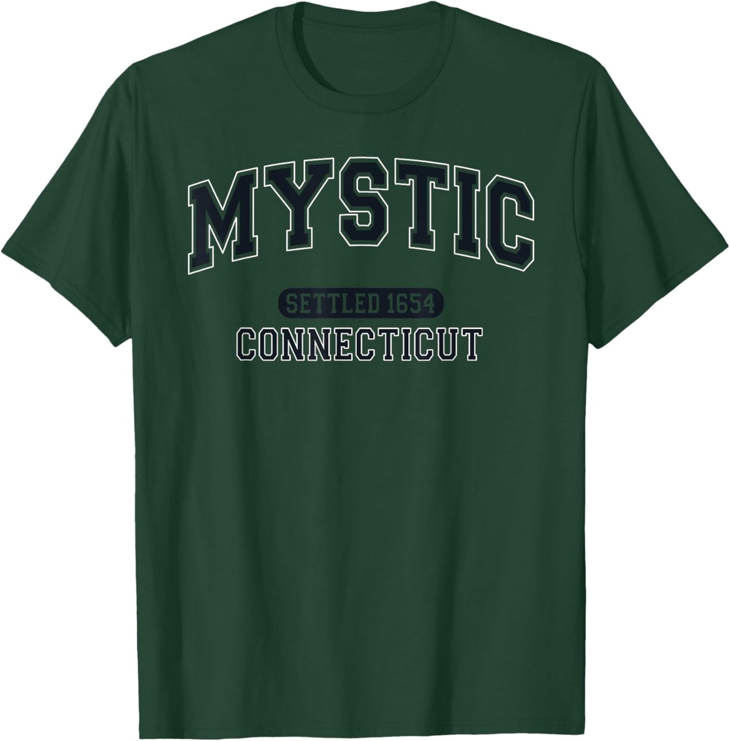 Mystic Connecticut Settled 1654 Vintage Sports Arched Black T-Shirt - T-Shirt | Forest