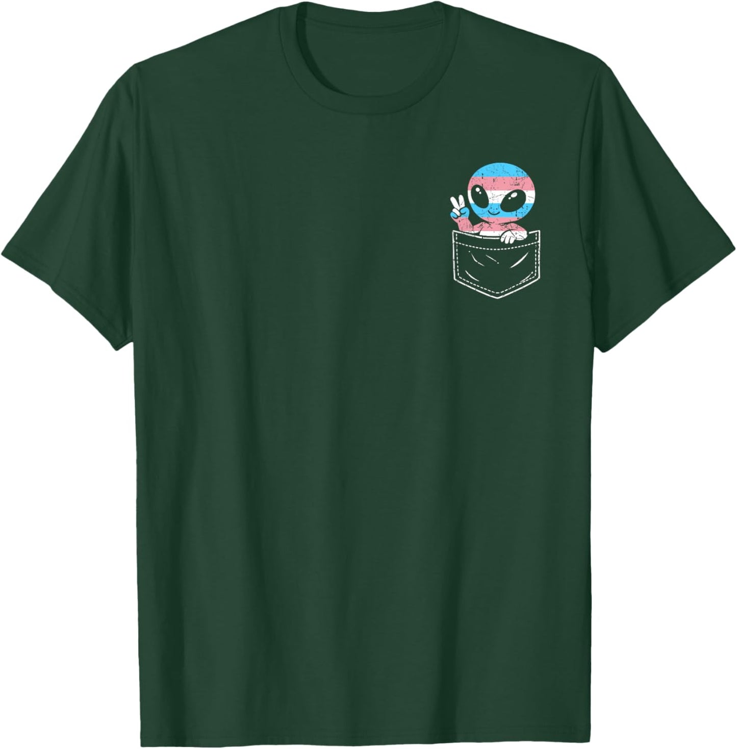 Cute Alien Trans Pride Pocket LGBTQ Rainbow Flag Transgender T-Shirt - T-Shirt | Forest