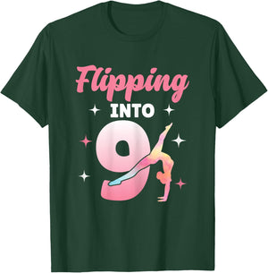 9th Birthday Party Gymnast Gymnastics Flipping Into 9 T-Shirt - T-Shirt | Forest