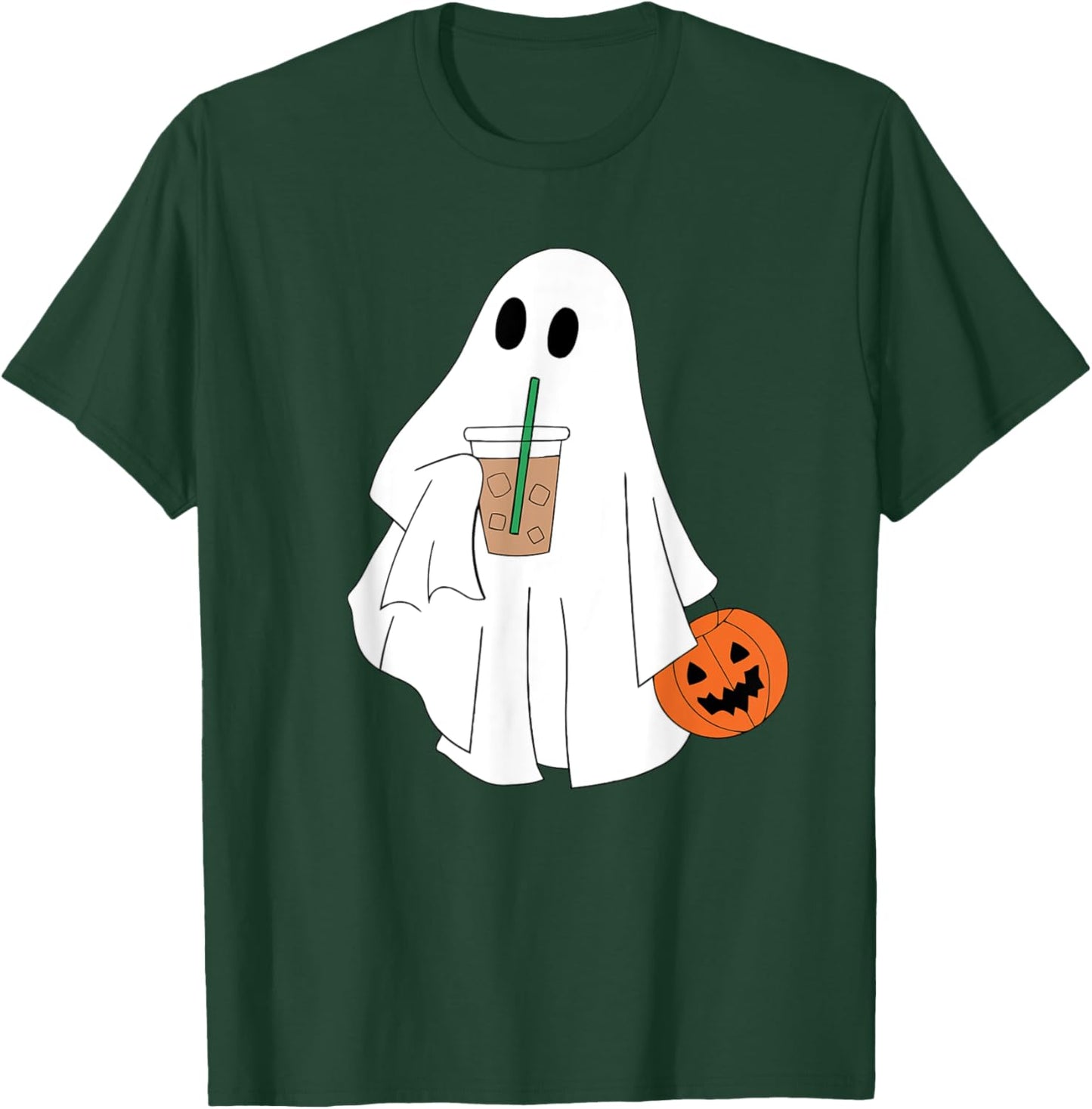 Cute Ghost Drinking Coffee Halloween Ghost Ice Coffee T-Shirt - T-Shirt | Forest