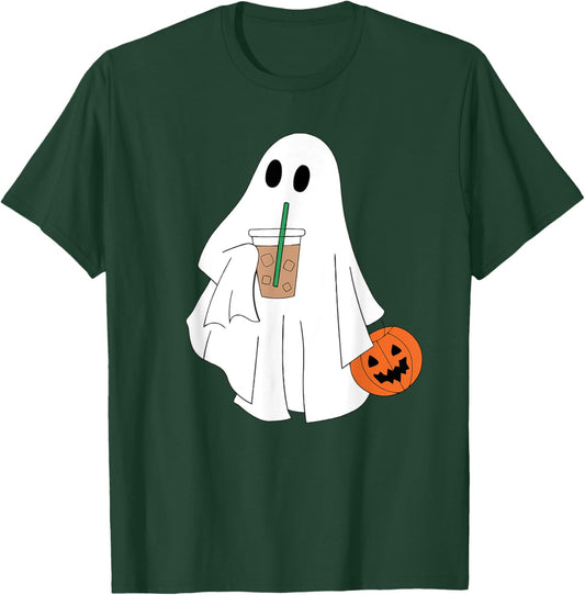 Cute Ghost Drinking Coffee Halloween Ghost Ice Coffee T-Shirt - T-Shirt | Forest