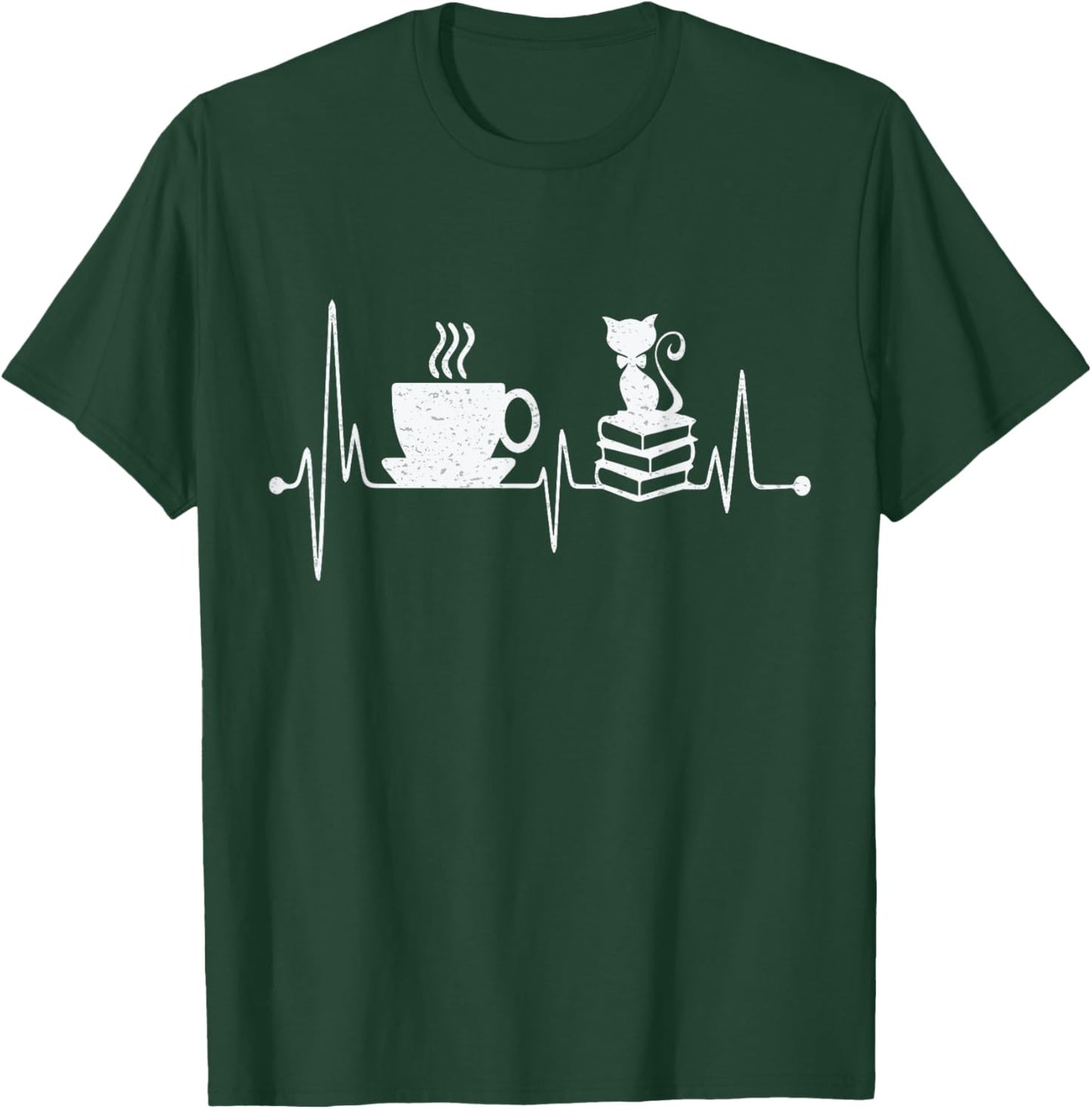 Cat Book Coffee Lover Heartbeat Cat Lover Book Lover T-Shirt - T-Shirt | Forest