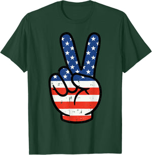 4th of July Peace Hand USA Flag Patriotic Men Women Kids T-Shirt - T-Shirt | Forest