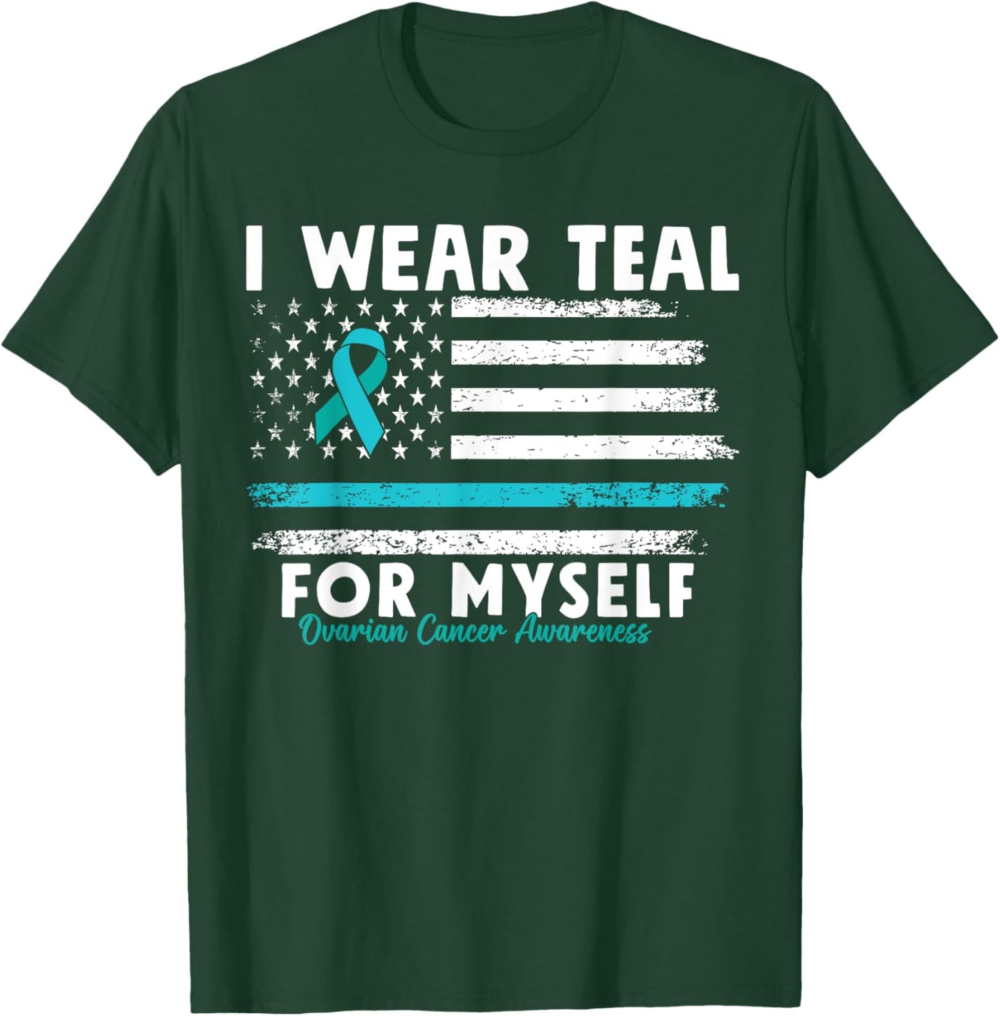 American Flag Teal Ribbon Ovarian Cancer Awareness T-Shirt - T-Shirt | Forest