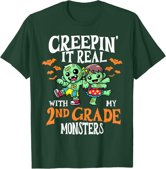 Creepin It Real Monster School 2nd Grade Teacher Halloween T-Shirt - T-Shirt | Forest