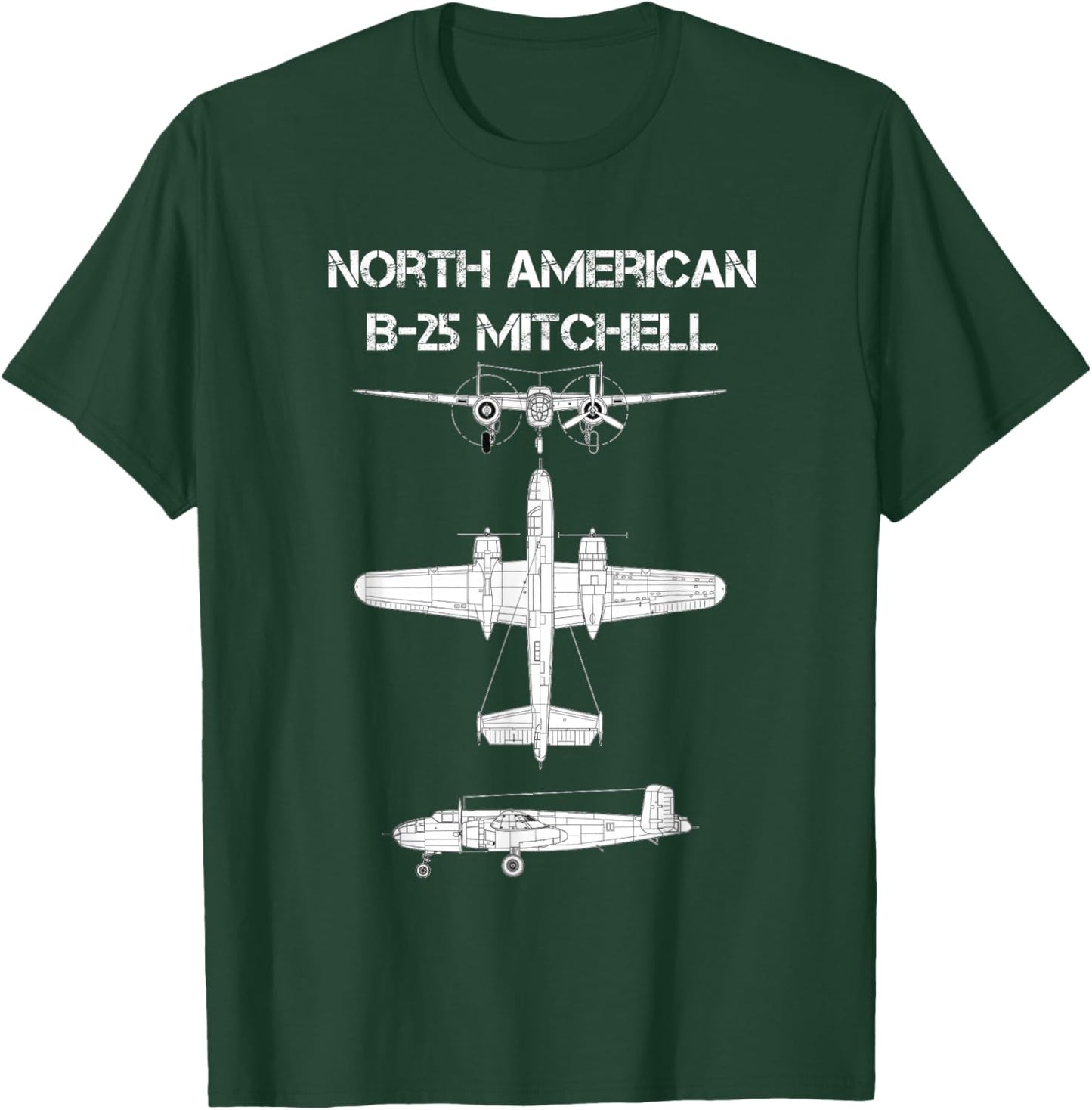 North American B-25 Mitchell WW2 Bomber Airplane Blueprint T-Shirt - T-Shirt | Forest