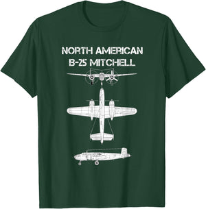 North American B-25 Mitchell WW2 Bomber Airplane Blueprint T-Shirt - T-Shirt | Forest