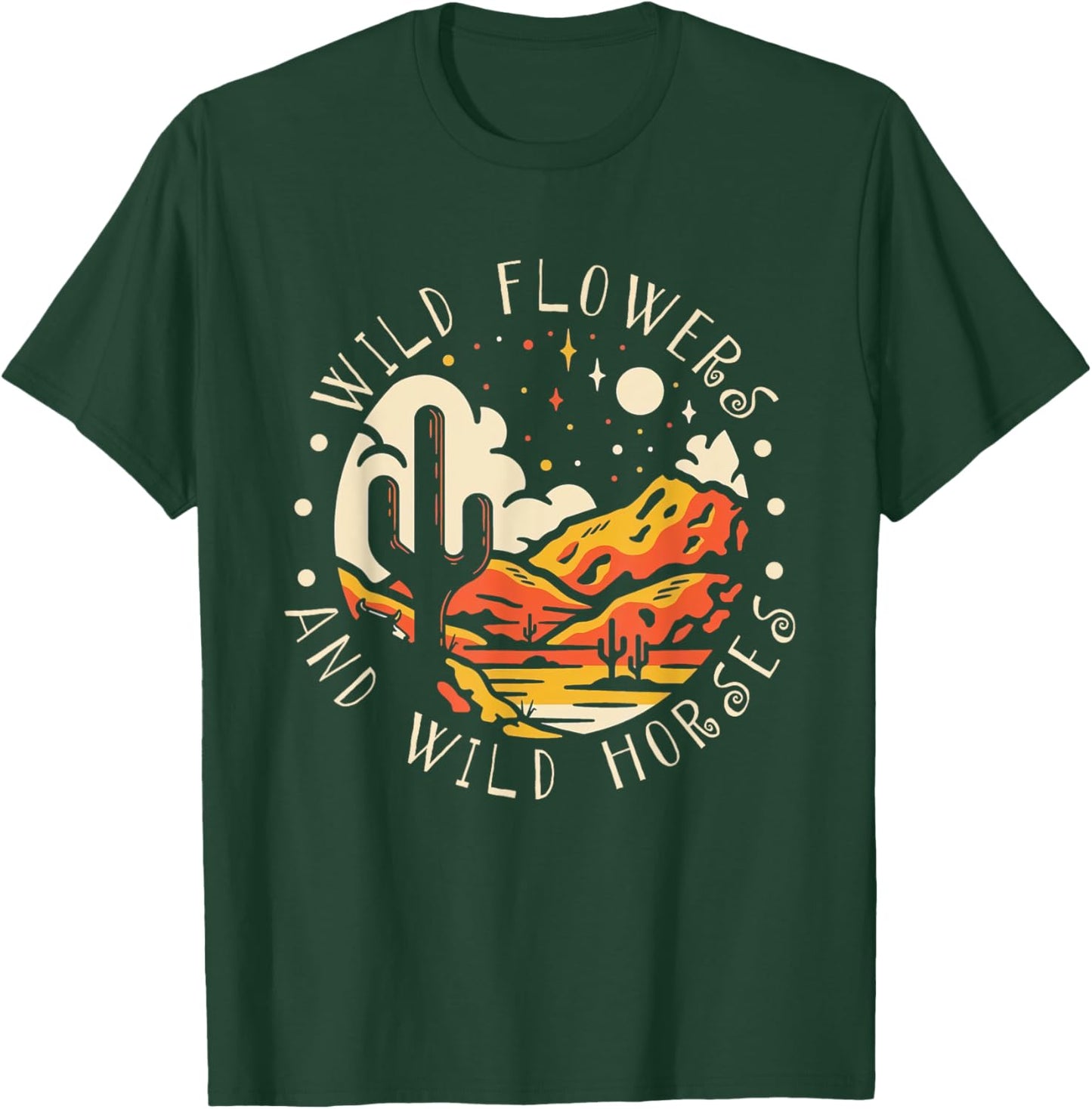 WildFlowers And Wild Horses Mountains Deserts West Cactus T-Shirt - T-Shirt | Forest