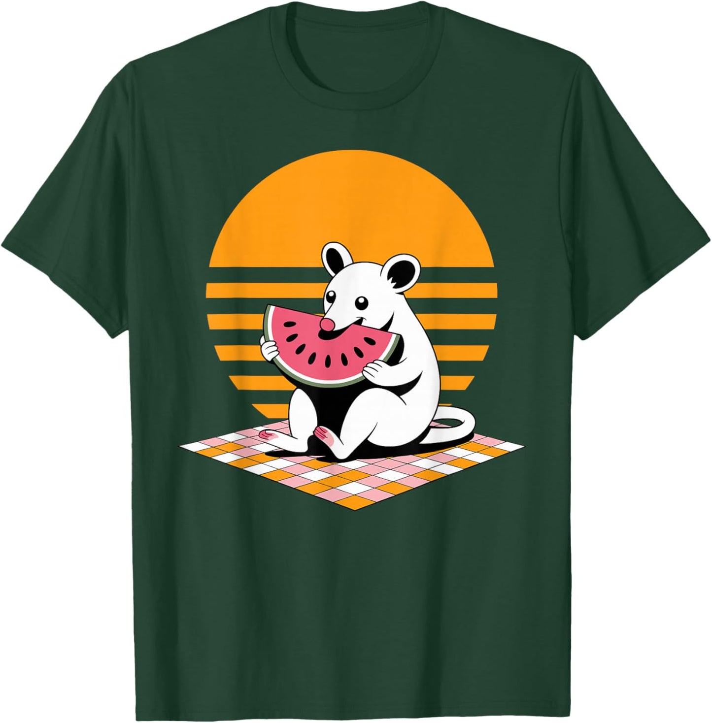 Funny Possum Eating Watermelon Retro Sunset Picnic T-Shirt - T-Shirt | Forest