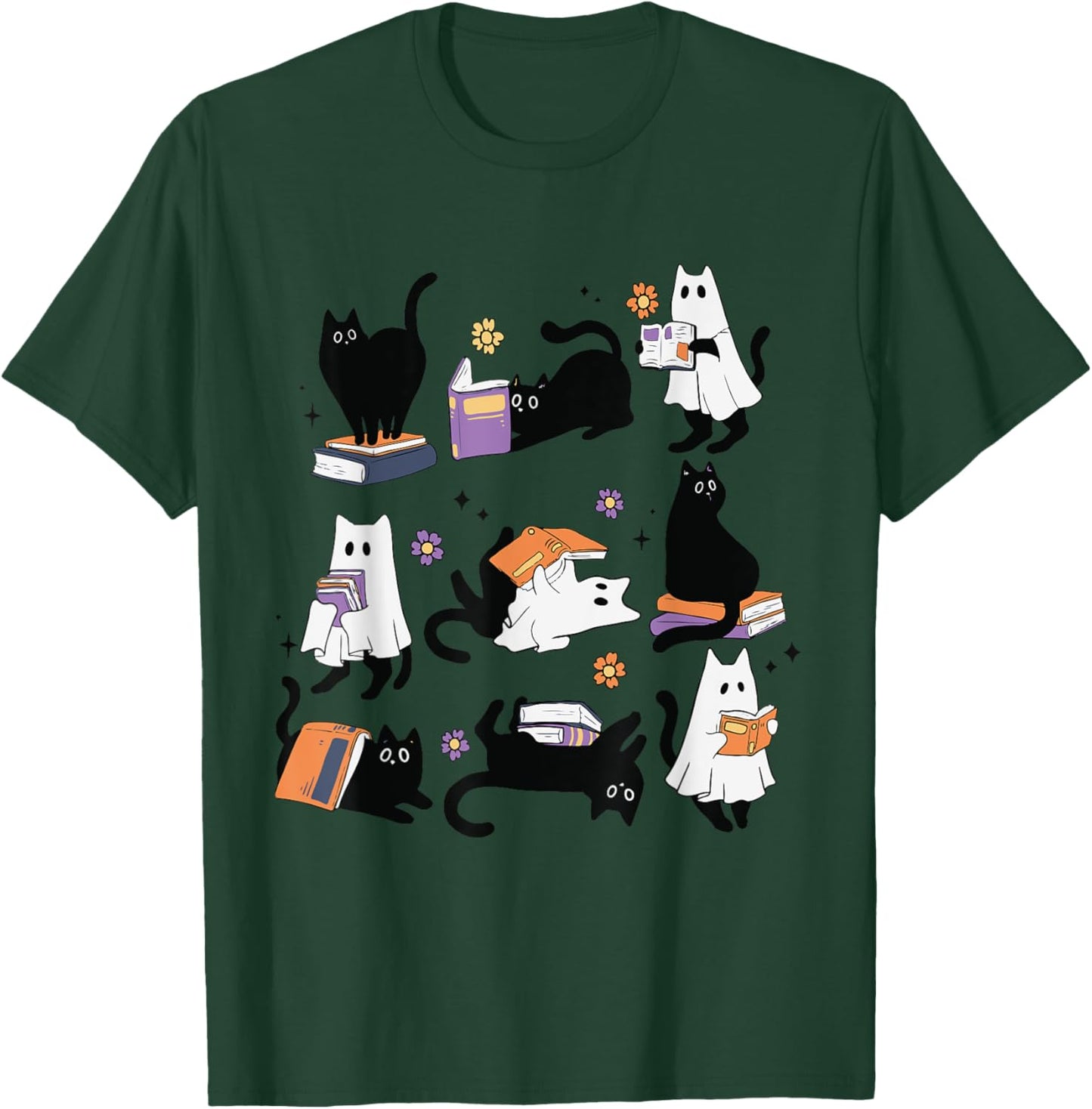 Halloween Ghost Black Cat Reading Book Costume Women Kids T-Shirt - T-Shirt | Forest