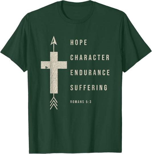 Vintage Hope Character Endurance Scripture Romans 5:3 Jesus T-Shirt - T-Shirt | Forest