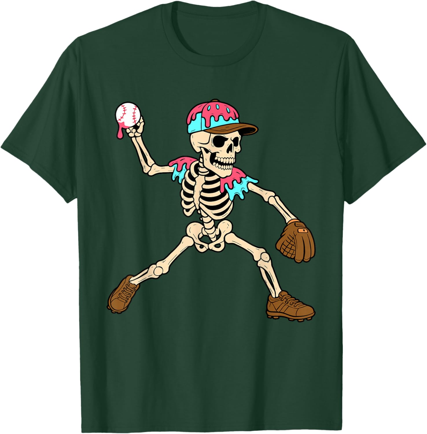 Skeleton Ice Cream Drip Baseball Sport Player Halloween T-Shirt - T-Shirt | Forest