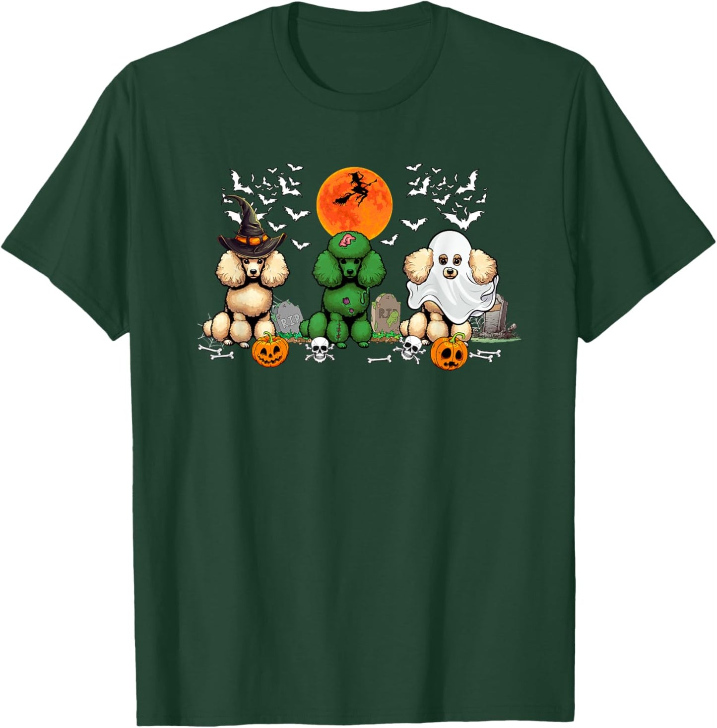 Three Halloween Poodles Cosplay Witch Zombie Boo Lover T-Shirt - T-Shirt | Forest