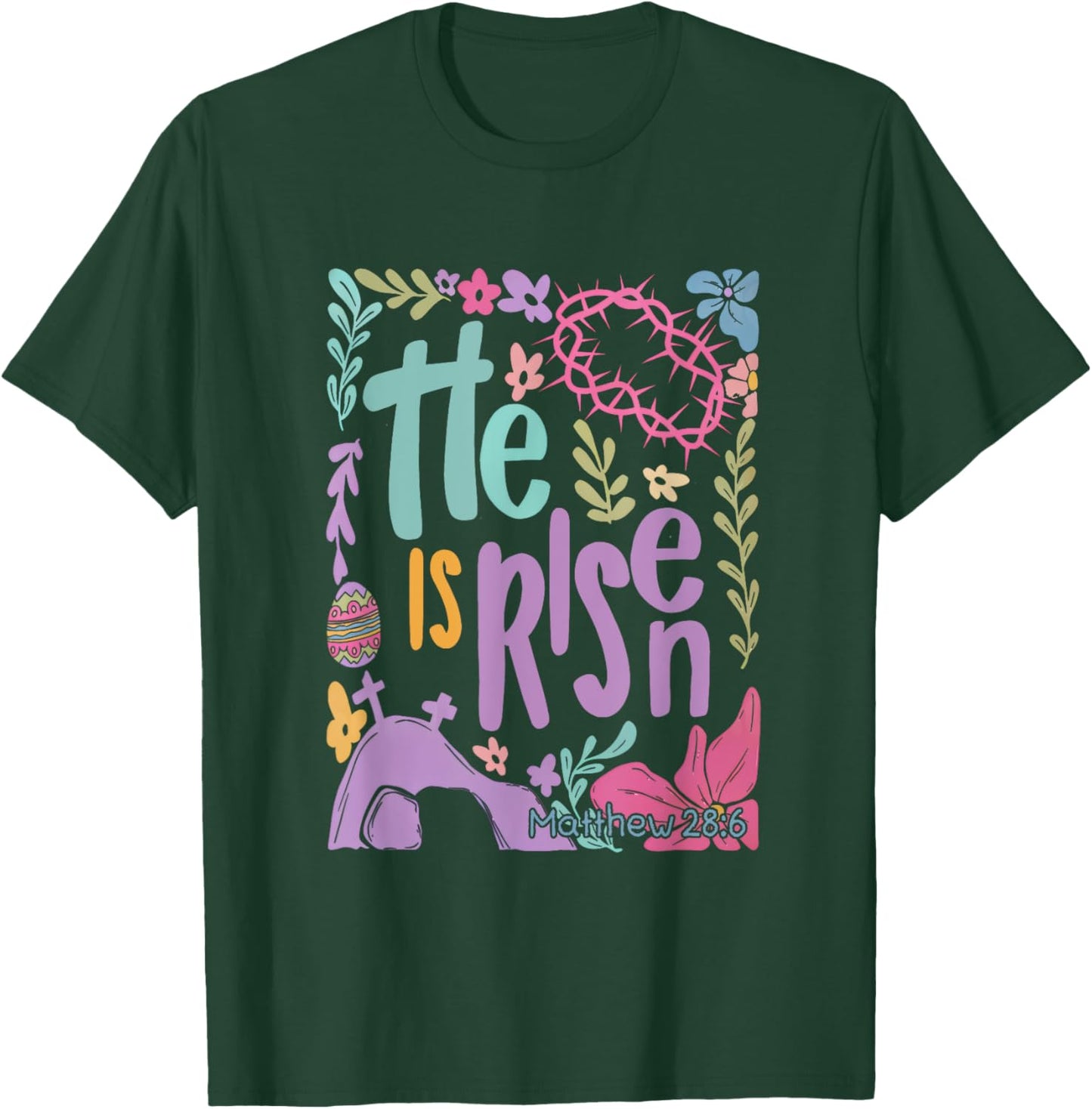 Retro Boho Floral He Is Risen Matthew 28:6 Easter Bible T-Shirt - T-Shirt | Forest